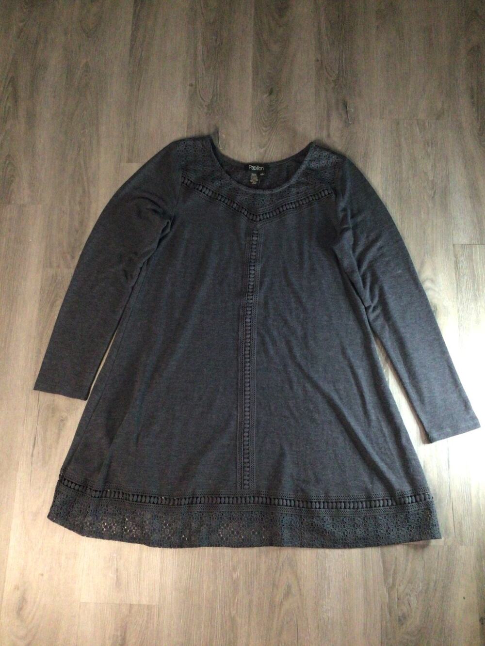 Papillon Tunic Top Women L Charcoal Gray Crochet Lace Trim Long Sleeve Boho Chic